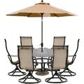 Hanover Manor 7-Piece Outdoor Dining Set with 6 Swivel Rockers a 60 In. Cast-top Dining Table and a 9 Ft. Table Umbrella with Stand