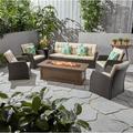 Aydin Outdoor 7 Piece Wicker Chat Set with Cushions and Fire Pit Dark Brown Beige Brown