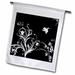 3dRose Floral pattern in white on a black background with dove and butterflies. - Garden Flag 12 by 18-inch