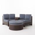 Acadia Outdoor Wicker Half-Round 2 Seater Sectional Set with Ottoman Navy Blue and Brown