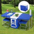 Outdoor Picnic Camping Rolling Cooler with Table & 2 Chairs Blue