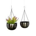 DecMode Glam Shiny Black Metal Bowl Shaped Hanging Planters with Three Chains Set of 2 5 6 H
