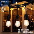 TORCHSTAR 3Pack 50ft LED Outdoor String Lights Weatherproof Patio String Light for Party Restaurant Garden 15 Sockets 16 Bulbs Included 15W Max