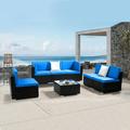 UBesGoo 7-Piece Outdoor Patio Sectional Sofa Set All Weather Seating Group Outdoor Patio Conversation Set with Coffee Table Black Wicker and Blue Cushion