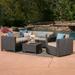 Blaine Outdoor 6 Seater Wicker V-Shaped Sofa and Swivel Chair Set with Cushions Dark Brown Beige