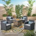 Emery Outdoor 5 Piece Wicker Print Club Chair Chat Set with Fire Pit Charcoal Light Gray Stone