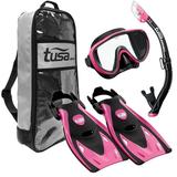 TUSA Sport Adult Serene Mask Dry Snorkel and Fins Travel Set Black/Hot Pink Small