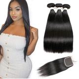 Brazilian Straight Virgin Hair 3 Bundles With Closure Free Part 16â€œ18â€�20â€œwith 18â€� Closure 100% Unprocessed Remy Human Hair Extensions Hair Weft Weave With Lace Closure Natural Color