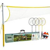 Franklin Sports Volleyball and Badminton Family Set - Volleyball Pump Badminton Rackets Birdies Net and Adjustable Polls - Beach or Backyard Setup