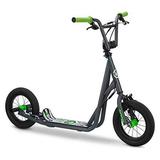 (P) Mongoose Expo Youth Scooter Front and Rear Caliper Brakes Rear Axle Pegs 12-Inch Inflatable Wheels Green/Grey