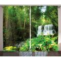 Waterfall Decor Curtains 2 Panels Set Spring Waterfall Hidden in Forest with Botanic Blossoms and Sunshine Window Drapes for Living Room Bedroom 108W X 84L Inches Green and White by Ambesonne