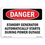 SignMission 12 x 18 in. OSHA Danger Sign - Standby Generator Automatically Starts During