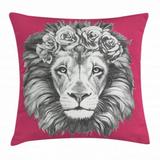 Lion Throw Pillow Cushion Cover Portrait of an Exotic African Safari Animal with a Floral Head Wreath Decorative Square Accent Pillow Case 16 X 16 Inches Magenta Grey and White by Ambesonne