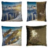 GCKG Nature Scenery Pillowcase Majestic Sunset in the Winter Mountains Forest Landscape Reversible Mermaid Sequin Pillow Case Home Decor Cushion Cover 18x18 inches