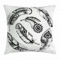 Feather Throw Pillow Cushion Cover Black Feathers with Primitive Tribal Geometrical Motifs Arranged in a Circle Print Decorative Square Accent Pillow Case 20 X 20 Inches Black White by Ambesonne