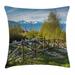 Farm House Decor Throw Pillow Cushion Cover Idyllic Scene with Tree Trunk Plank and Snow Mountain Range the Alps Photo Decorative Square Accent Pillow Case 20 X 20 Inches Green Blue by Ambesonne