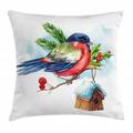 Rowan Throw Pillow Cushion Cover Merry Christmas Composition with Cute Bullfinch Holly Pine Cone Bird House in Winter Decorative Square Accent Pillow Case 18 X 18 Inches Multicolor by Ambesonne