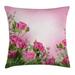 Flower Decor Throw Pillow Cushion Cover Spring Time Roses with Leaves and Buds with Pink Ombre Atmosphere Image Decorative Square Accent Pillow Case 18 X 18 Inches Pink and Green by Ambesonne