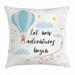 Adventure Throw Pillow Cushion Cover Cartoon Air Balloon Flying in Cloudy Starry Sky Landscape with Hand-Drawn Quote Decorative Square Accent Pillow Case 24 X 24 Inches Multicolor by Ambesonne