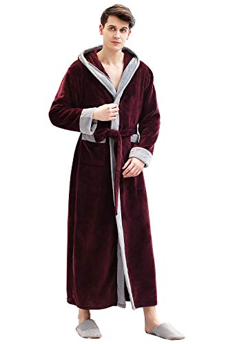 LOFIR Mens Hooded Dressing Gown Winter Warm Fleece Flannel Bathrobe Soft Long Night Gown Fluffy Sleepwear Boys Lightweight Nightwear Spa Robe