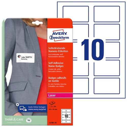 Selbstklebende Textschild-Namensschilder 80×50 mm weiß (L4785-20) weiß, Avery Zweckform, 8×5 cm
