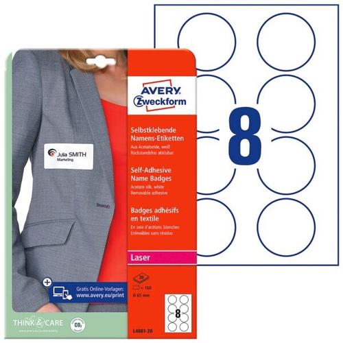 Selbstklebende Textilschild-Namensschilder Ø:65 mm weiß (L4881-20) weiß, Avery Zweckform, 6.5×6.5 cm