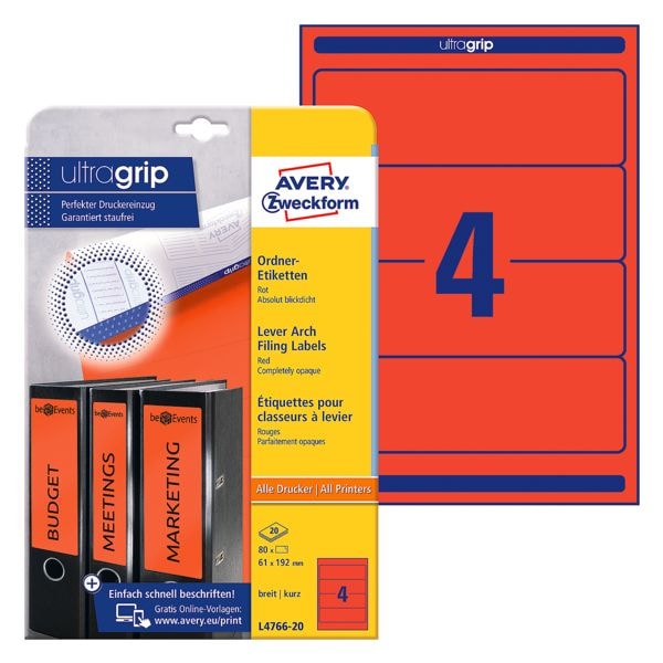 Avery Zweckform 20% AKTION: Selbstklebende Ordnerrücken-Etiketten rot, 8 cm Image
