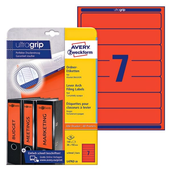 Avery Zweckform 20% AKTION: farbige Ordnerrücken-Etiketten für schmale Ordner zum Vorteilspreis rot, 5 cm Image