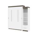 Orion Queen Murphy Bed and Narrow Shelving Unit with Drawers (85W) in white & walnut grey - Bestar 116881-000017