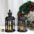 JHY DESIGN Set of 2 Candle Lanterns 25cm High Vintage Hanging Lantern, Metal Candle Holder Decorative Lantern for Indoor Outdoor Event Parties Weddings Garden Balcony(Black with Gold Brush)