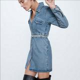 Zara Dresses | Hp 9.30.2020 Denim Dress W Embellished Belt | Color: Blue | Size: Xs
