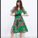 Zara Dresses | Nwot Zara Green Floral Dress Tiered Belt Xs | Color: Green/Pink | Size: Xs