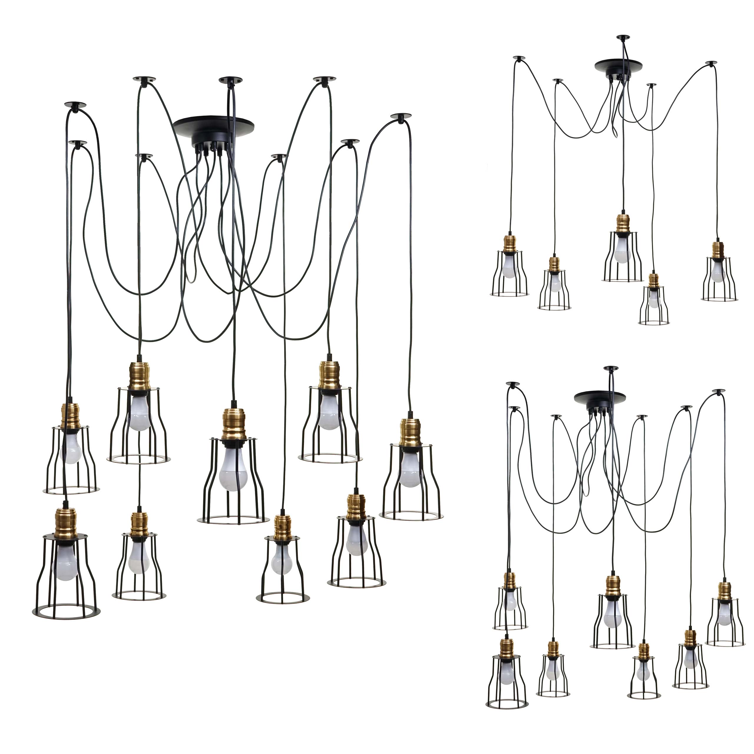 Pendelleuchte HWC-H81, Hängeleuchte Hängelampe, Industrial Metall höhenverstellbar schwarz ~ 7x Käfiglampenschirm Image