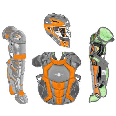 All Star System7 Axis NOCSAE Certified Two Tone Baseball Catcher's Gear Set - Ages 12-16 Graphite/Orange