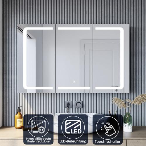 Edelstah Spiegelschrank mit LED Beleuchtung mit Touch Steckdose Badschrank Badspiegel 105x65cm