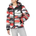 DKNY Men's Shawn Quilted Mixed Media Hooded Puffer Jacket Coat, Red Dazzle Camo, Large