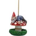 Trinx Whimsical Fairy Garden Naughty Gnome Stuck on Toadstool Mushroom Cap Branch Hanger Decorative Bird Feeder Stone in Gray/Green/Red | Wayfair