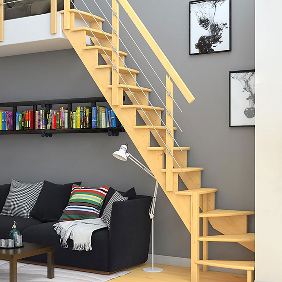 DOLLE Raumspartreppe Wangentreppe Lyon, 75 cm, 1/4 gewendelt,Edelstahlrohre links,Kiefer,unbehandelt Image