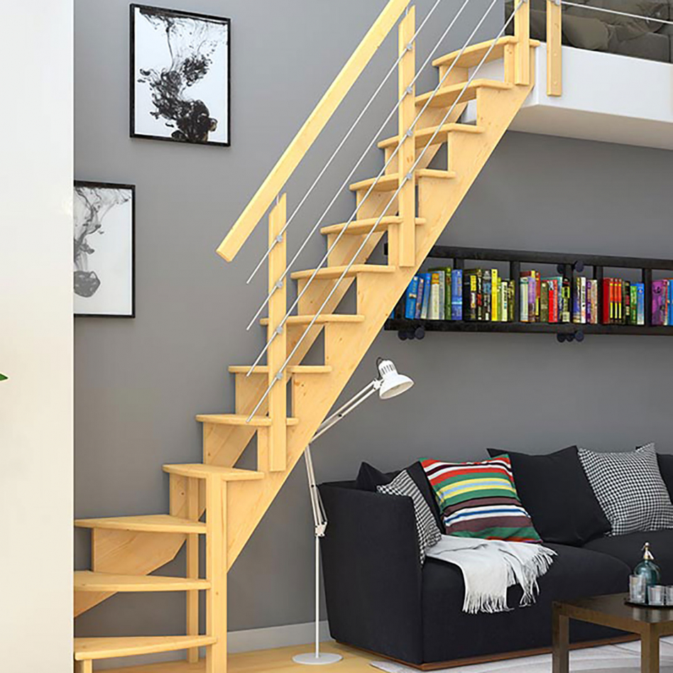 DOLLE Raumspartreppe Wangentreppe Lyon, 65 cm, 1/4 gewendelt,Edelstahlrohre rechts,Kiefer,unbehandelt Image