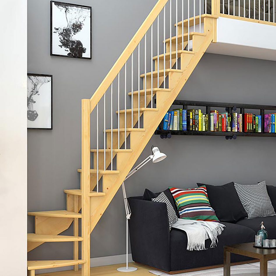 DOLLE Raumspartreppe Wangentreppe Lyon, 75 cm, 1/4 gewendelt,Kiefer,Metallstäbe rechts,unbehandelt Image