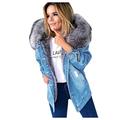 QUINTRA Women Outerwear Denim Jacket Winter Jacket with Plush Hood Windproof Pockets Parka Jacket Outerwear with A Fur-Trimmed Collar Overcoat(Light Blue,XL)
