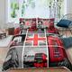 Girls Big Ben Comforter Cover for Kids Women Men Red Gray London UK Theme Bedding Set Famous Telephone Booth Duvet Cover Retro England Bus Bedspread Cover Room Decor Bedclothes Double Size