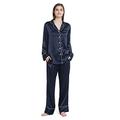 Mommesilk Silk Pyjamas for Women Comfy Two Piece Set V-Neck Notched Collar Loungewear Long Sleeve 19 Momme Mulberry Silk Sleepwear Ladies Navy Blue M