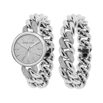 Women's Kendall + Kylie Silver Tone and Crystal Chain Link Stainless Steel Strap Analog Watch and Bracelet Set 40mm - Silver- Tone