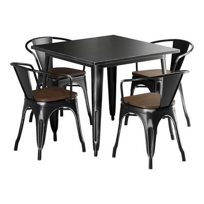 Lancaster Table & Seating Alloy 36" x 36" Distressed Onyx Black Standard Height Indoor Table and 4 Arm Chairs with Walnut Wood Seats