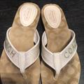 Coach Shoes | Coach Rare White Patent Leather Canvas Flip Flop Thongs-6 | Color: Tan/White | Size: 6