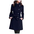 Younthone Womens Winter Lapel Artificial Wool Coat Buttoned Belt Long Sleeve Warm Jacket Party Elegant Coat Fashion Slim Outwear Ladies Casual Wild Large Size Coat Business Banquet Clothing Navy