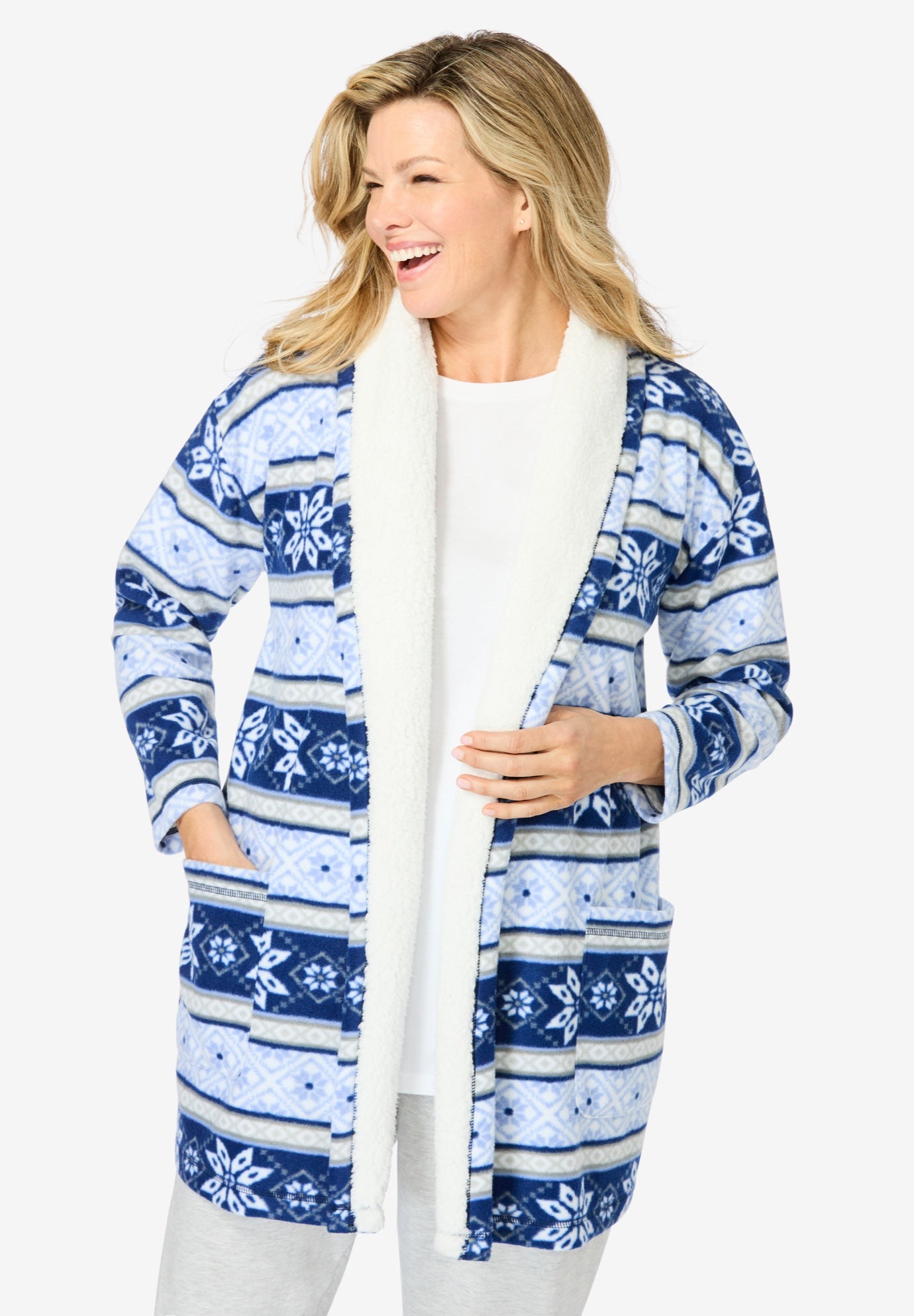 Plus Size Women's Sherpa Lined Collar Microfleece Bed Jacket by Dreams & Co. in Evening Blue Fair Isle (Size 4X) Robe