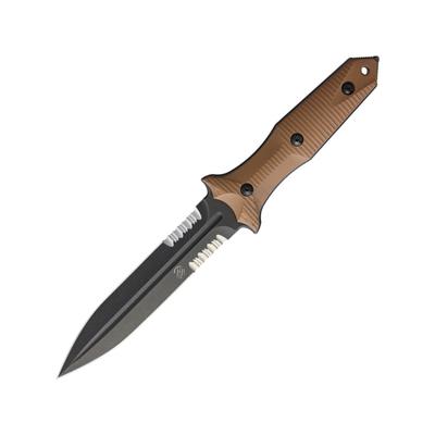 Bastinelli Creations Grozo Fixed Blade Coyote Knife 11in Overall 6in Black SW Partially Serrated N690 SS Spear Point Blade Coyote Brown G10 Handle