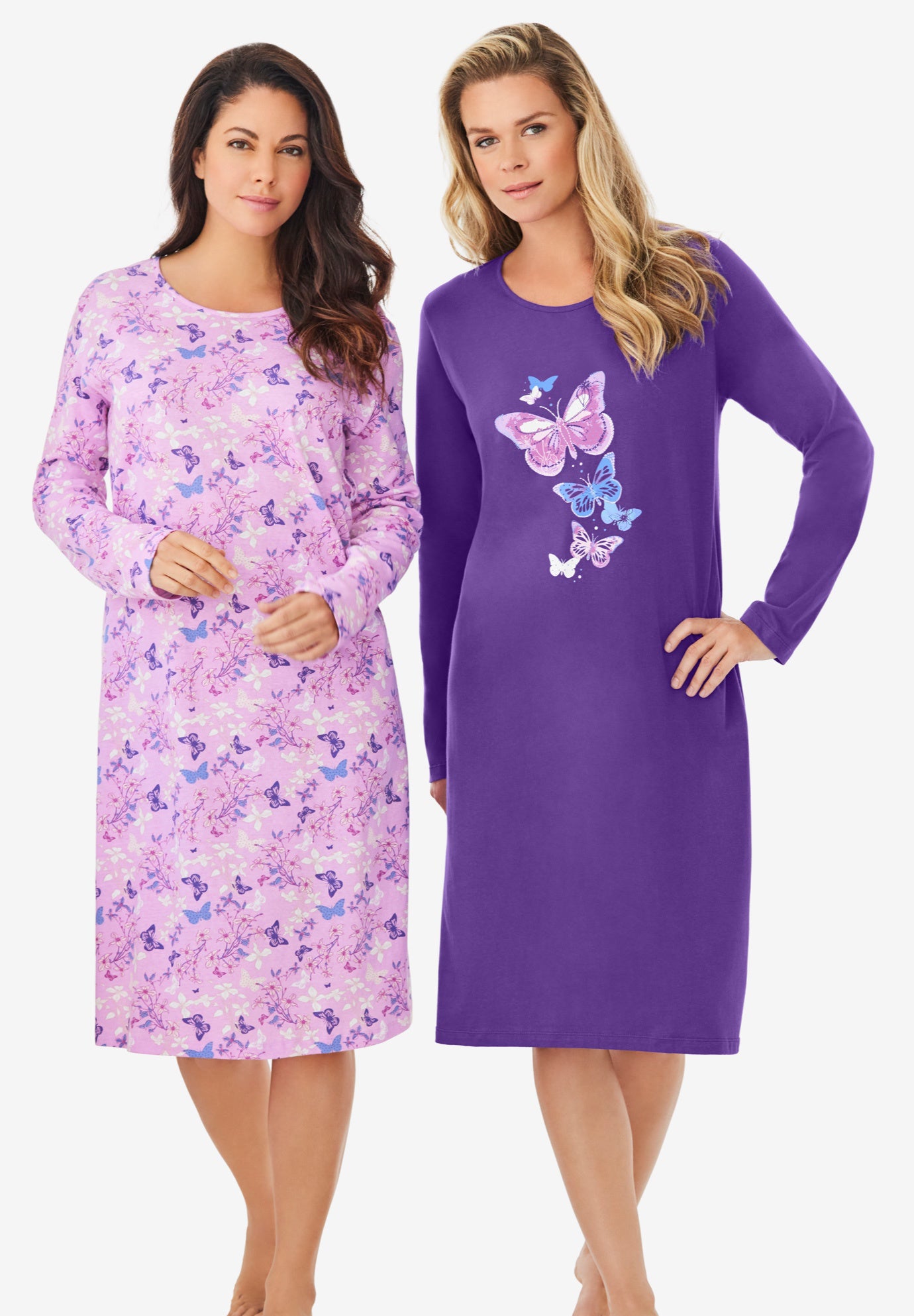Plus Size Women's 2-Pack Long-Sleeve Sleepshirt by Dreams & Co. in Plum Burst Floral Butterfly (Size M/L) Nightgown